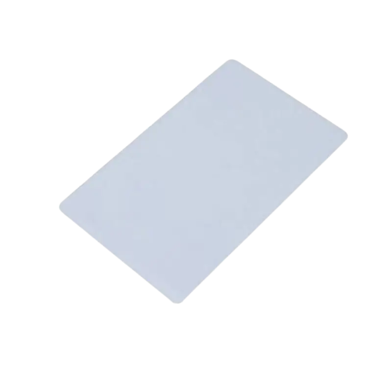 13.56MHz RFID Card Blank white plastic CR80 credit-card-sized proximity card alongside a ring of colorful plastic key fobs, demonstrating standard 13.56MHz contactless components.