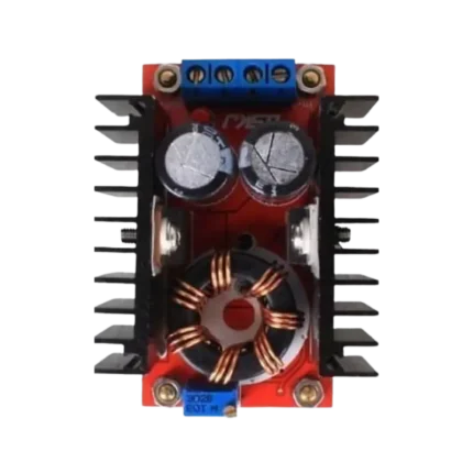 Industrial-grade power regulator PCB showing terminal blocks labeled for input and output, alongside dense parallel black anodized heat dissipation fins.