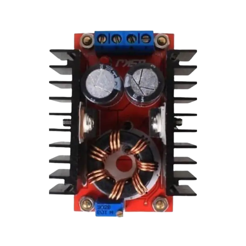 150W DC-DC Boost Converter 10-32V to 12-35V 6A Step-Up Adjustable Power Supply Industrial-grade power regulator PCB showing terminal blocks labeled for input and output, alongside dense parallel black anodized heat dissipation fins.