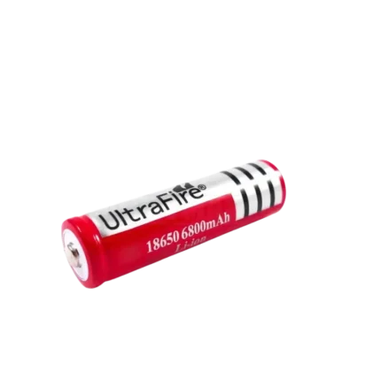 An UltraFire 18650 3.7V lithium-ion rechargeable battery with red wrapping and button top.