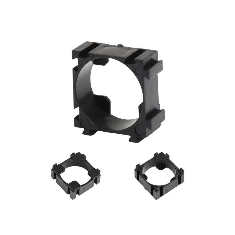 18650 Battery Spacer Bracket 1S Modular Cell Holder 18650 1S black plastic battery modular interlocking spacer bracket showing its circular inner sleeve and multi-sided dovetail joints.