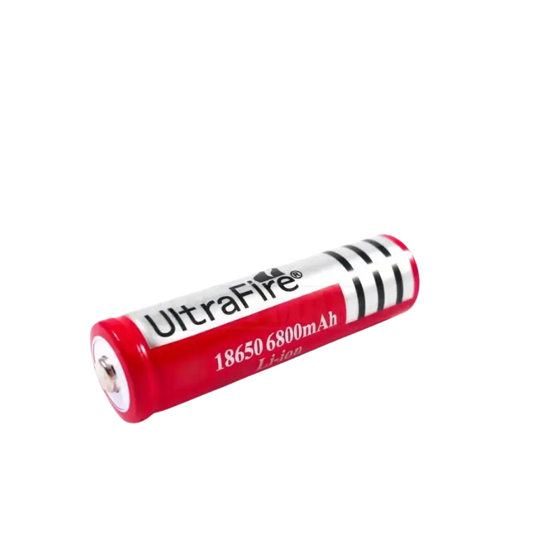 18650 An UltraFire 18650 3.7V lithium-ion rechargeable battery with red wrapping and button top.