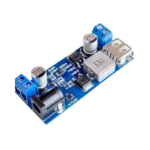 Compact blue printed circuit board showcasing an input DC barrel jack and terminal block on the left, an input capacitor, step-down conversion circuitry with a 330 power inductor in the center, and a female USB port next to an output terminal block on the right.