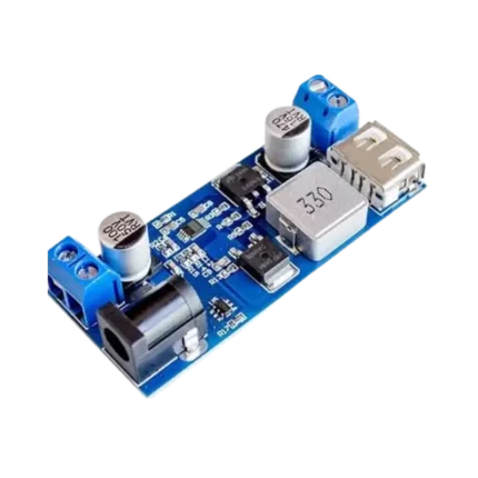 Compact blue printed circuit board showcasing an input DC barrel jack and terminal block on the left, an input capacitor, step-down conversion circuitry with a 330 power inductor in the center, and a female USB port next to an output terminal block on the right.