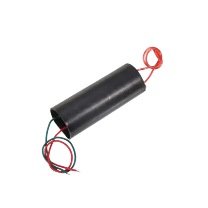 Sealed black cylindrical high-voltage inverter transformer block showcasing colored thin input copper wires and heavy-duty insulated high-tension output cable terminals.