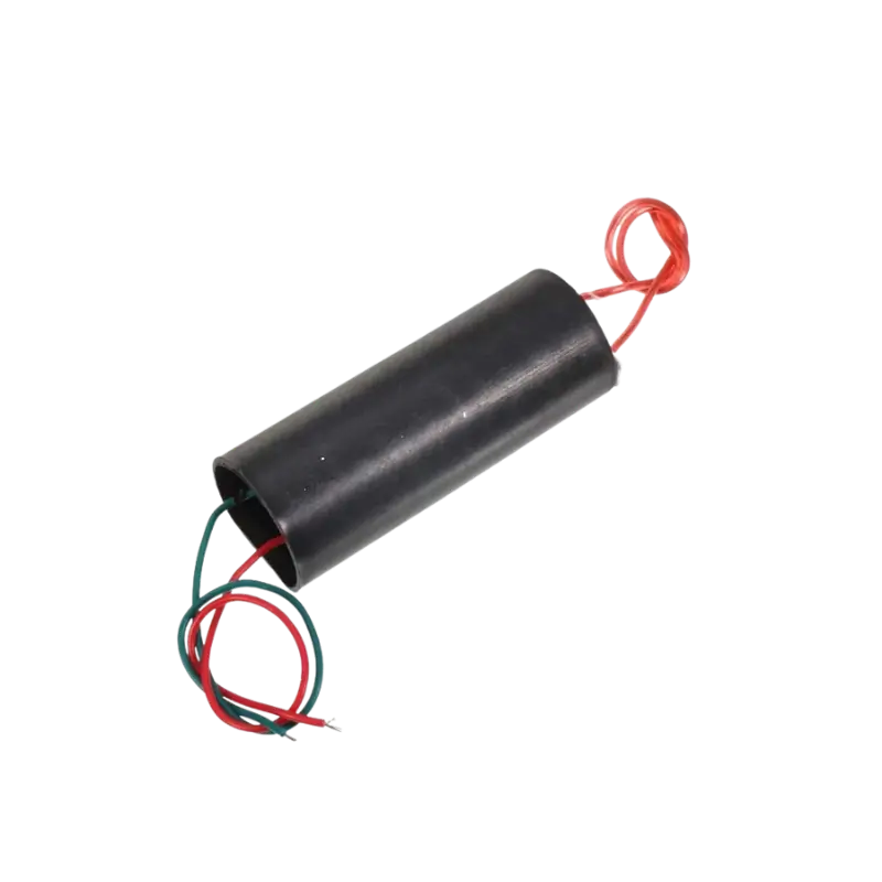 400KV Step Up Power Module Sealed black cylindrical high-voltage inverter transformer block showcasing colored thin input copper wires and heavy-duty insulated high-tension output cable terminals.
