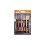 A set of five precision screwdrivers with color-coded or textured handles and rotating caps arranged side by side.