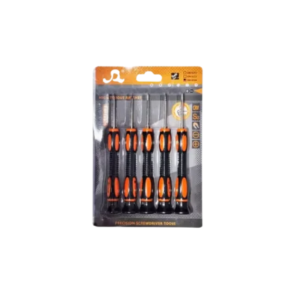 A set of five precision screwdrivers with color-coded or textured handles and rotating caps arranged side by side.