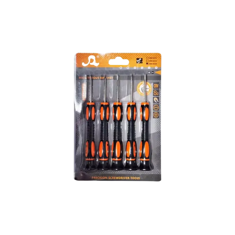 5-Piece Precision Screwdriver Set A set of five precision screwdrivers with color-coded or textured handles and rotating caps arranged side by side.