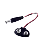 9V battery snap connector with a black vinyl cap and insulated red and black wires leading to a standard 2.1mm DC male barrel power plug.