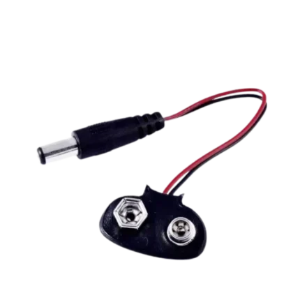 9V battery snap connector with a black vinyl cap and insulated red and black wires leading to a standard 2.1mm DC male barrel power plug.