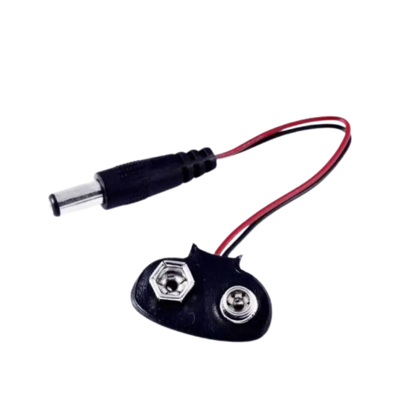 9V battery snap connector with a black vinyl cap and insulated red and black wires leading to a standard 2.1mm DC male barrel power plug. 9V battery snap connector with a black vinyl cap and insulated red and black wires leading to a standard 2.1mm DC male barrel power plug.