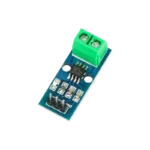 A compact blue ACS712 20A current sensor breakout module featuring a 2-pin green screw terminal block for current inputs, an ACS712 IC, an indicator LED, and a 3-pin male header for VCC, GND, and OUT signals.