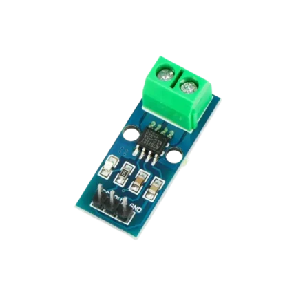 A compact blue ACS712 20A current sensor breakout module featuring a 2-pin green screw terminal block for current inputs, an ACS712 IC, an indicator LED, and a 3-pin male header for VCC, GND, and OUT signals.