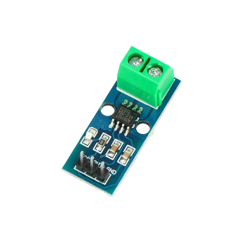 ACS712 20A A compact blue ACS712 20A current sensor breakout module featuring a 2-pin green screw terminal block for current inputs, an ACS712 IC, an indicator LED, and a 3-pin male header for VCC, GND, and OUT signals.