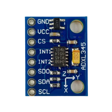 Compact blue ADXL345 accelerometer PCB featuring an onboard ultra-low-dropout regulator, filtering capacitors, pull-up resistors, and 8 clearly labeled circular solder pads for pin headers.