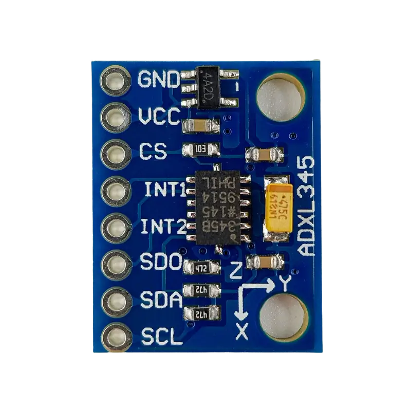 ADXL345 Compact blue ADXL345 accelerometer PCB featuring an onboard ultra-low-dropout regulator, filtering capacitors, pull-up resistors, and 8 clearly labeled circular solder pads for pin headers.