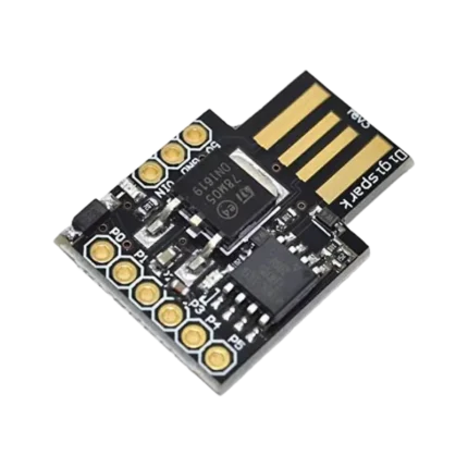 Ultra-compact blue rectangular Digispark ATtiny85 development board, highlighting its female Micro-USB port on the left, central surface-mounted ATtiny85 processor chip, a tiny 5V regulator, and solder-ready connection pads labeled P0 through P5, 5V, GND, and VIN.