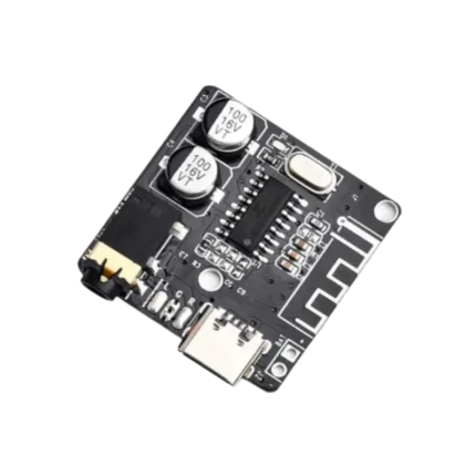 Ultra-miniature red VHM-314 Bluetooth audio receiver board displaying its surface-mount Type-C power input port, a gold-plated 3.5mm AUX headphone jack, an onboard Bluetooth chip with printed antenna trace, an indicator LED, and dedicated power/audio soldering pads.