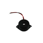 A black 12mm cylindrical 12V active alarm buzzer with two through-hole pins and a protective label on top.
