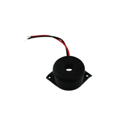 A black 12mm cylindrical 12V active alarm buzzer with two through-hole pins and a protective label on top.