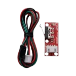 Compact red mechanical endstop PCB displaying an onboard microswitch with a metal roller lever, a current limiting resistor, a red status indicator LED, and a white 3-pin connection terminal socket.
