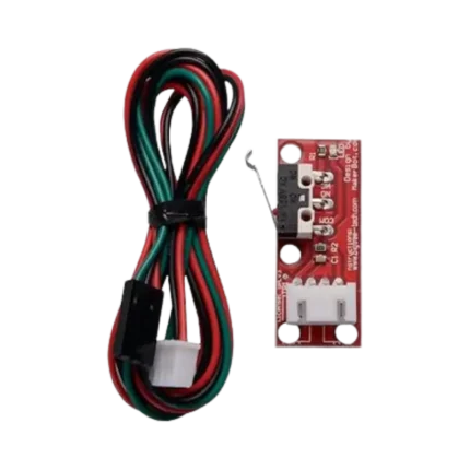 Compact red mechanical endstop PCB displaying an onboard microswitch with a metal roller lever, a current limiting resistor, a red status indicator LED, and a white 3-pin connection terminal socket.