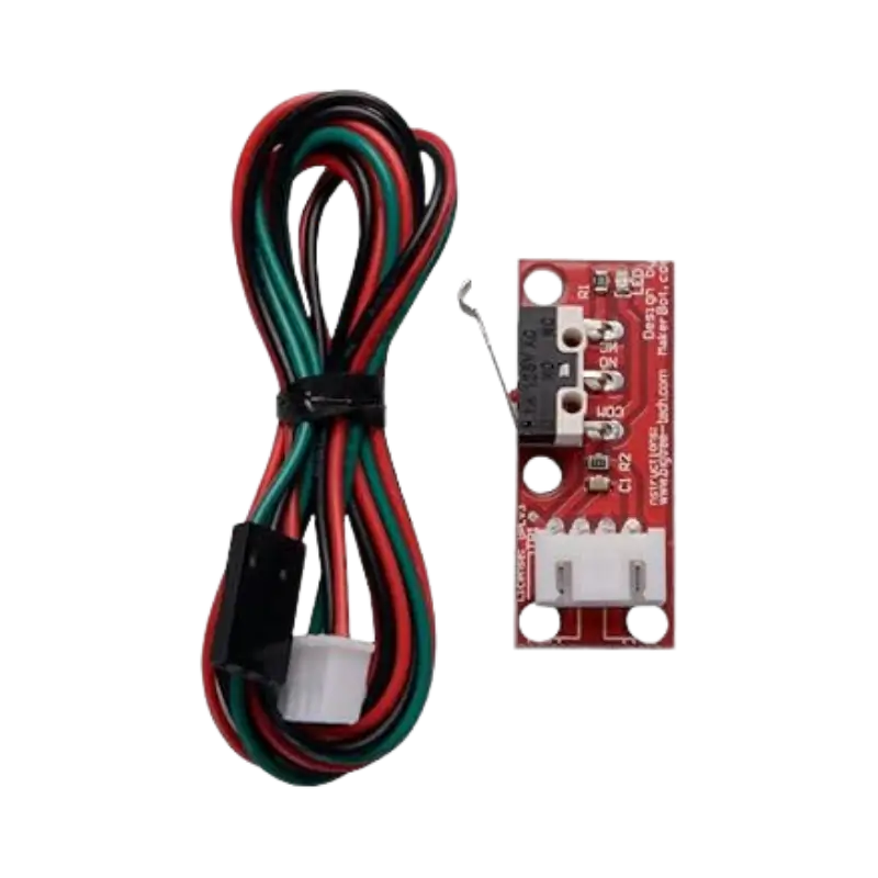Compact red mechanical endstop PCB displaying an onboard microswitch with a metal roller lever, a current limiting resistor, a red status indicator LED, and a white 3-pin connection terminal socket. Compact red mechanical endstop PCB displaying an onboard microswitch with a metal roller lever, a current limiting resistor, a red status indicator LED, and a white 3-pin connection terminal socket.