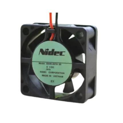 A square 40x40x15mm black Nidec DC cooling fan with central motor hub and connection wires.