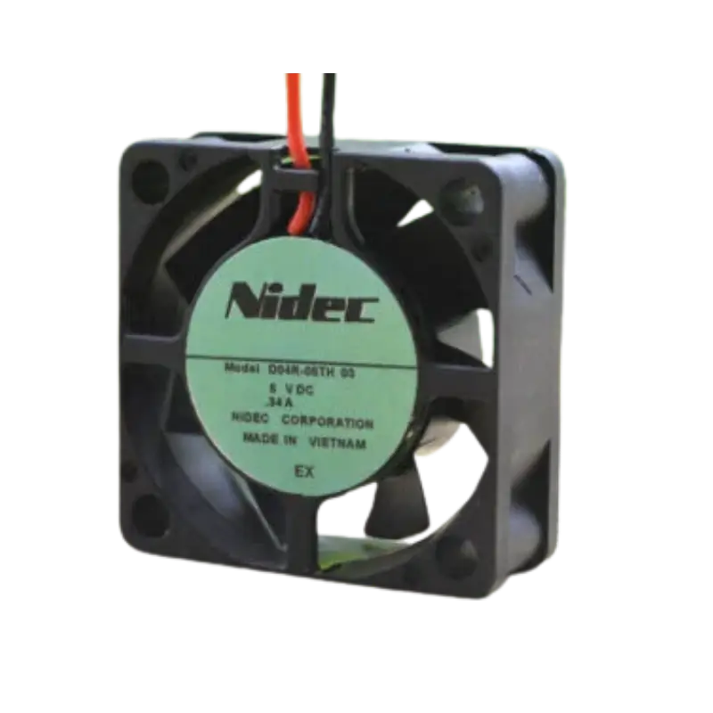 A square 40x40x15mm black Nidec DC cooling fan with central motor hub and connection wires.