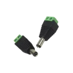 A compact black and green adapter displaying a silver 5.5x2.1mm male DC barrel plug extending from a black molded body, featuring a green 2-pin screw terminal block at the rear with explicit positive and negative markings.