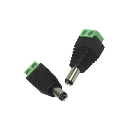 A compact black and green adapter displaying a silver 5.5x2.1mm male DC barrel plug extending from a black molded body, featuring a green 2-pin screw terminal block at the rear with explicit positive and negative markings.