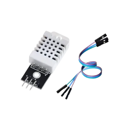 Bare rectangular white grid-vented DHT22 temperature and humidity sensor, featuring its clean plastic grid structure, labeled AM2302, and showing four gold-plated male connection pins pointing downward at the base.