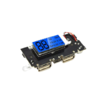 Dual USB 3.7V to 5V power bank DIY charger booster module showcasing its integrated blue-backlit LCD screen showing 100% capacity alongside its dual Type-A ports.