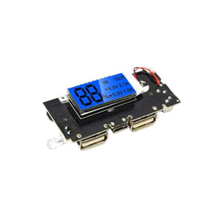 Dual USB 3.7V to 5V power bank DIY charger booster module showcasing its integrated blue-backlit LCD screen showing 100% capacity alongside its dual Type-A ports.