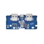 Dual USB 3.7V to 5V power bank DIY charger booster module showing its dual Type-A ports, micro-USB input, and blue status indicator LEDs.