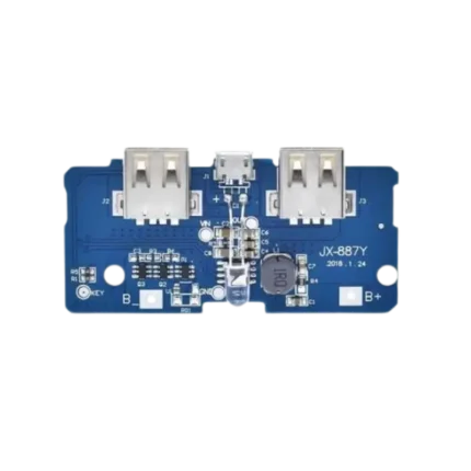 Dual USB 3.7V to 5V power bank DIY charger booster module showing its dual Type-A ports, micro-USB input, and blue status indicator LEDs.
