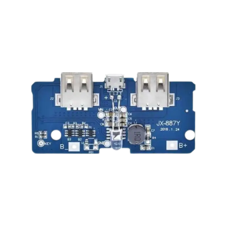 Dual USB 3.7v to 5V, 2A, 1A Power Bank DIY 18650 Li-Io & Li-Po Charger module Dual USB 3.7V to 5V power bank DIY charger booster module showing its dual Type-A ports, micro-USB input, and blue status indicator LEDs.