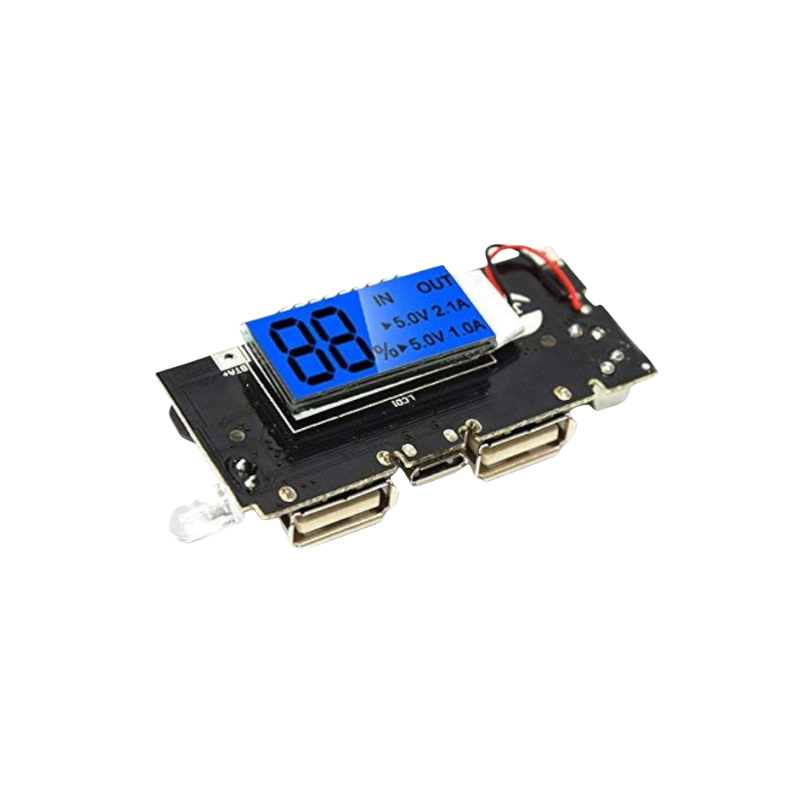 Dual USB 3.7v Dual USB 3.7V to 5V power bank DIY charger booster module showcasing its integrated blue-backlit LCD screen showing 100% capacity alongside its dual Type-A ports.