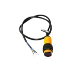 Industrial M18 cylindrical plastic-housed photoelectric sensor in bright orange/yellow, displaying dual black structural securing rings, a dark-colored infrared lens window on its face, and a thick black 3-wire cable breakout at the rear end with stripped wire leads.