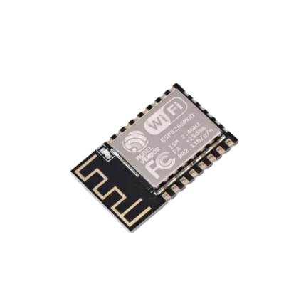 ESP-12F ESP8266 Serial WiFi Module showing castellated edge pins, metal shield casing, and optimized board trace antenna layout