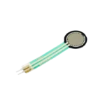 Thin flexible plastic FSR402 pressure sensor displaying its circular black active touch pad with silver conductive internal grid lines and two extended flexible flat tail terminals ending in gold-plated connection pins.