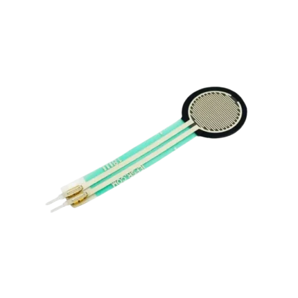 Thin flexible plastic FSR402 pressure sensor displaying its circular black active touch pad with silver conductive internal grid lines and two extended flexible flat tail terminals ending in gold-plated connection pins.