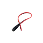 A prewired female DC power socket jack featuring a 5.5x2.1mm barrel connector, threaded metal body, and red and black wire leads.