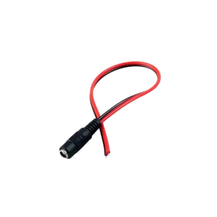 A prewired female DC power socket jack featuring a 5.5x2.1mm barrel connector, threaded metal body, and red and black wire leads.