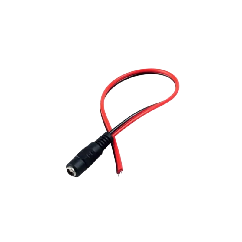 A prewired female DC power socket jack featuring a 5.5x2.1mm barrel connector, threaded metal body, and red and black wire leads.