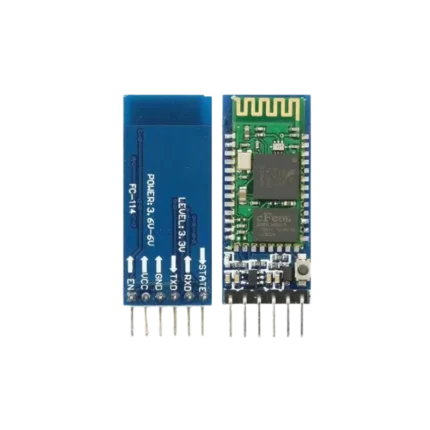 Rectangular blue HC-05 Bluetooth transceiver board showing a green RF module layer with a gold serpentine antenna track on its tip, a small surface-mount status LED, an integrated micro-pushbutton near its top corner, and a 6-pin straight male connection terminal bank pointing downward.