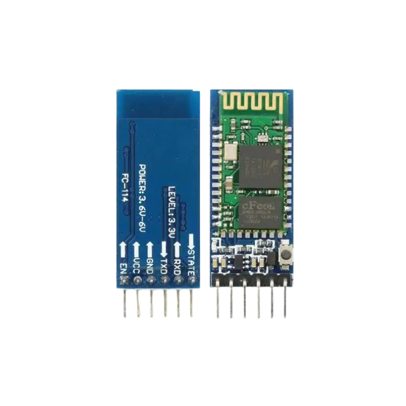 HC05 Rectangular blue HC-05 Bluetooth transceiver board showing a green RF module layer with a gold serpentine antenna track on its tip, a small surface-mount status LED, an integrated micro-pushbutton near its top corner, and a 6-pin straight male connection terminal bank pointing downward.