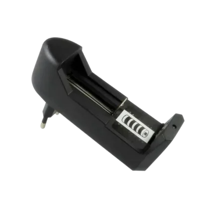 HD-0688 single-slot 18650 lithium battery charger showing its compact black housing, spring-loaded negative slot, and integrated status LED indicator.