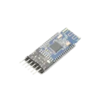 Small blue rectangular HM-10 Bluetooth module showing a small silver crystal oscillator, a central square CC2541 surface-mount chip with gold castellated edge traces, an onboard 3.3V regulator, an activity indicator LED, and a pre-drilled 6-pin male connector header base.